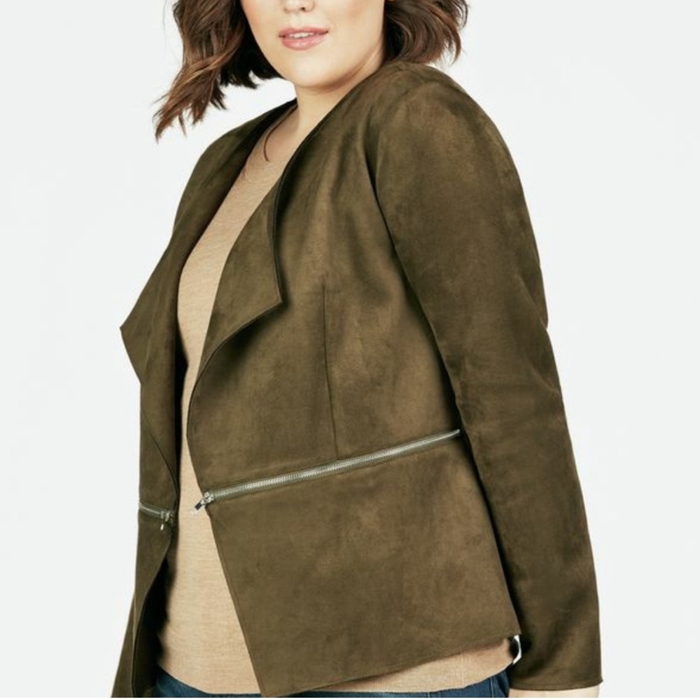 JUST FAB New Olive Green Microsuede Open Front Jacket Faux Suede Plus Size 1X